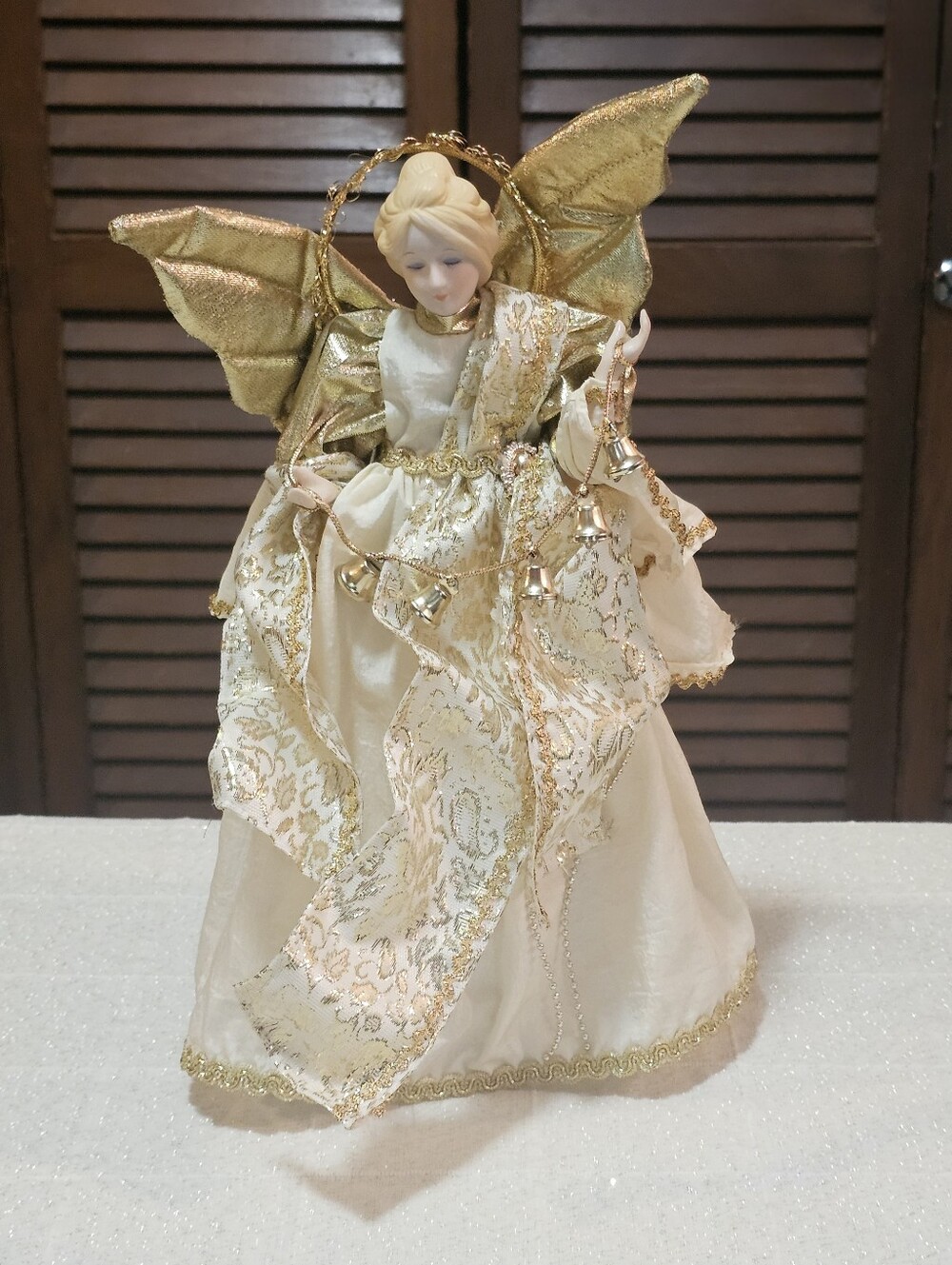 Vintage Porcelain Face & Hands Angel Tree Topper | Gold & Cream Christmas Decor